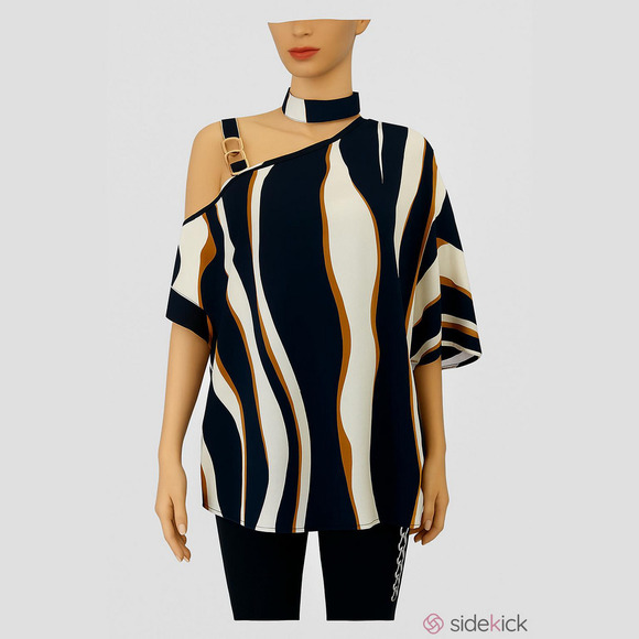 SHEIN Tops - SHEIN asymmetrical neck batwing sleeve top shirt Lcolor block contemporary style